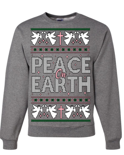 Peace On Earth Funny Xmas Cute Pink Angel Cross, Women Men Religious Christian Catholic Ugly Christmas Sweater Ugly Christmas Unisex Crewneck Sweatshirt