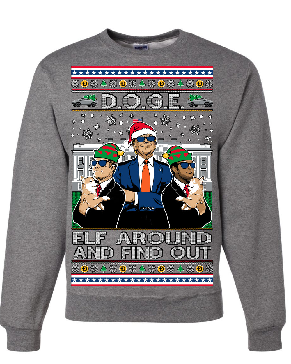 Doge Elf Around and Find Out Trump Elon Vivek, Department of Govenmental Efficiency D.O.G.E. Republicans MAGA Ugly Christmas Sweater Ugly Christmas Unisex Crewneck Sweatshirt