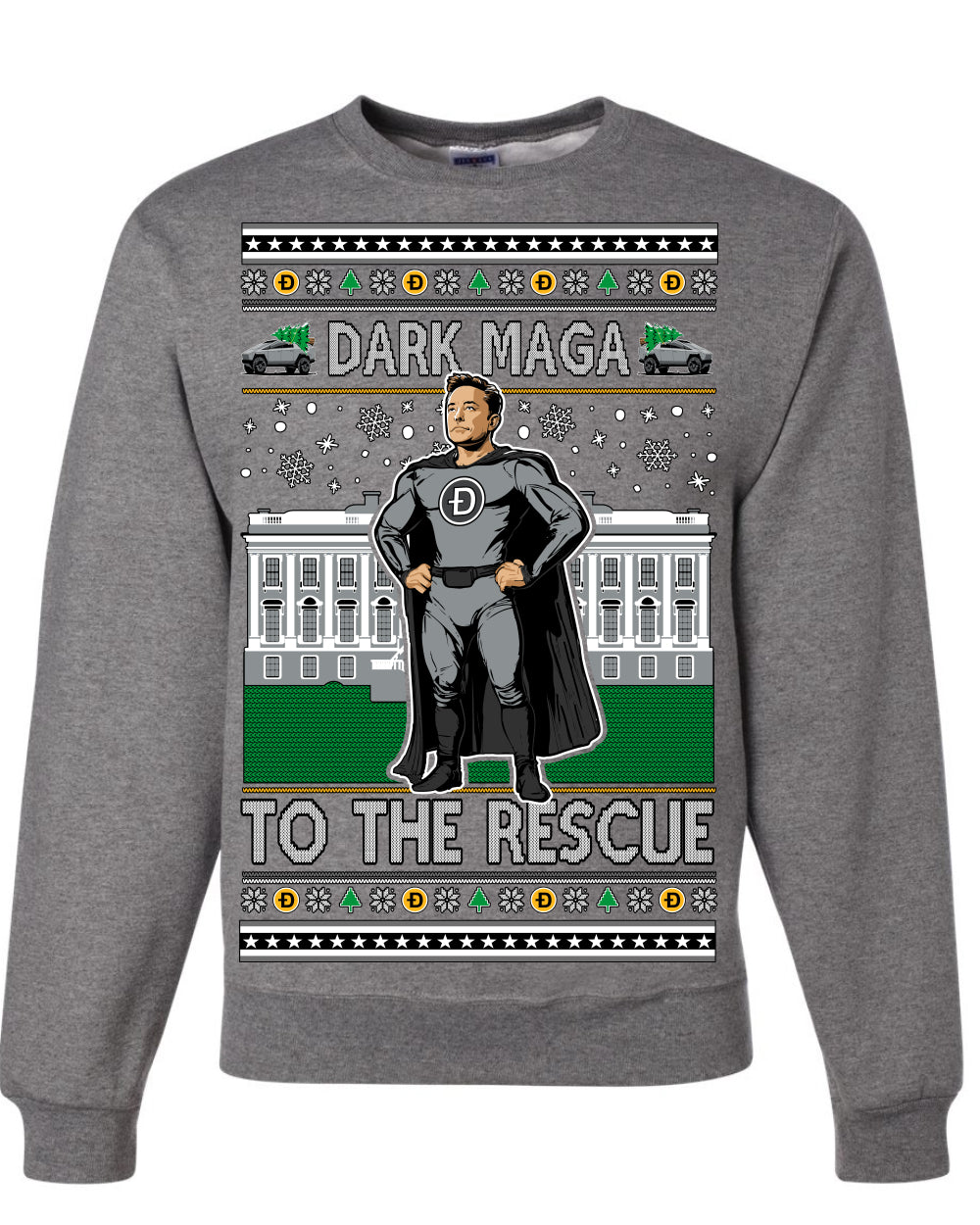 Dark MAGA to the Rescue, Elon Superhero Doge Crypto Dogecoin Make America Great Again Trump 2024 Ugly Christmas Sweater Ugly Christmas Unisex Crewneck Sweatshirt