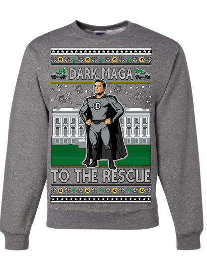 Dark MAGA to the Rescue, Elon Superhero Doge Crypto Dogecoin Make America Great Again Trump 2024 Ugly Christmas Sweater Ugly Christmas Unisex Crewneck Sweatshirt