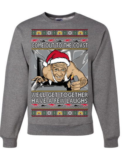 Come Out to the Coast Have a Few Laughs, Funny Die Hard Movie Scene Vent Lighter Quote McClane Nakatomi Plaza Xmas Party, Ugly Christmas Sweater Ugly Christmas Unisex Crewneck Sweatshirt