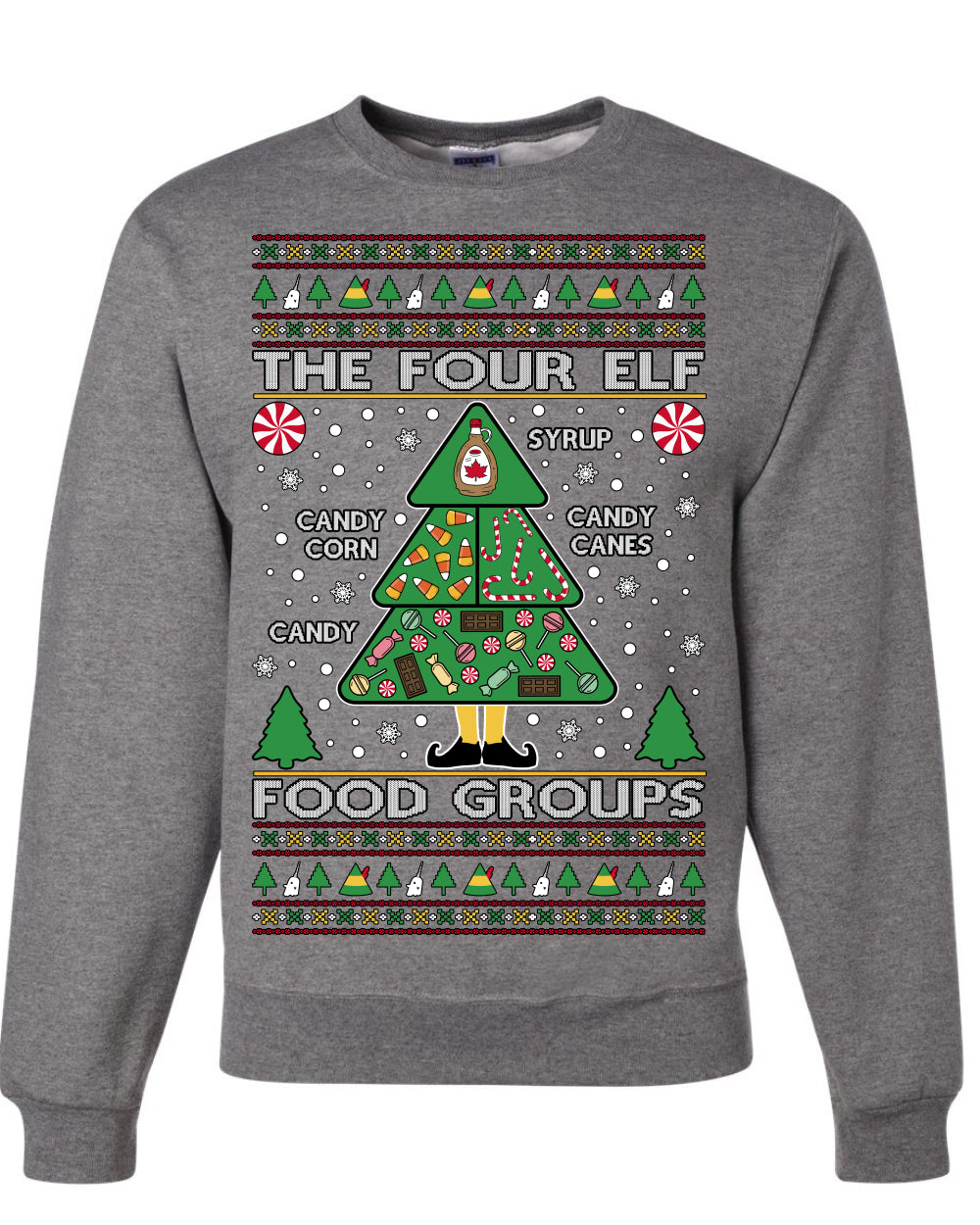 The Four Elf Food Groups, Peppermint Chocolate Candy Canes Syrup, Funny Ugly Christmas Sweater Ugly Christmas Unisex Crewneck Sweatshirt