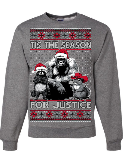 Tis the Season For Justice, RIP Harambe Peanut the Squirrel Fred Raccoon Viral Save our Pets Meme, Ugly Christmas Sweater Ugly Christmas Unisex Crewneck Sweatshirt