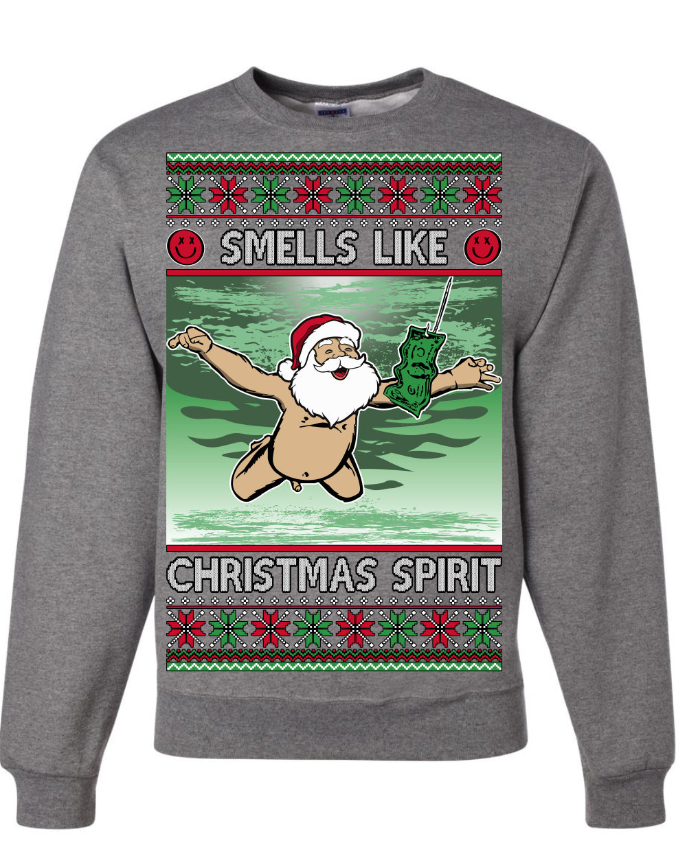 Smells Like Christmas Spirit, Funny Santa Claus Classic 90s Alternative Rock Album Cover Music Parody Ugly Christmas Sweater Ugly Christmas Unisex Crewneck Sweatshirt