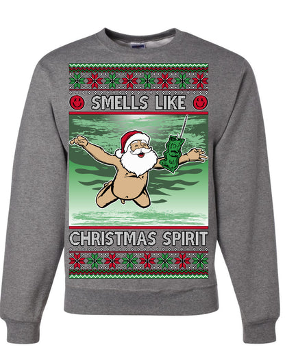 Smells Like Christmas Spirit, Funny Santa Claus Classic 90s Alternative Rock Album Cover Music Parody Ugly Christmas Sweater Ugly Christmas Unisex Crewneck Sweatshirt
