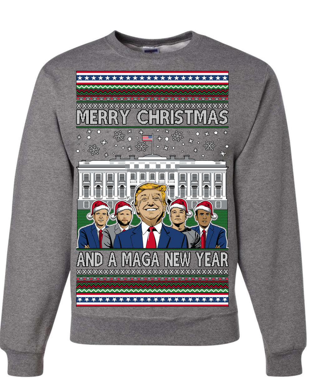 Merry Christmas and a MAGA New Year 2025, Trump Vance Administration 45 47 Make America Great Again USA Ugly Christmas Sweater Ugly Christmas Unisex Crewneck Sweatshirt
