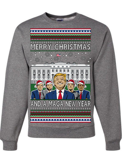 Merry Christmas and a MAGA New Year 2025, Trump Vance Administration 45 47 Make America Great Again USA Ugly Christmas Sweater Ugly Christmas Unisex Crewneck Sweatshirt