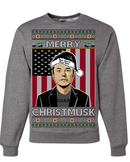 Merry Christmusk Funny Dark MAGA Santa Elon Doge Meme, Crypto Dogecoin America First USA Republican Ugly Christmas Sweater Ugly Christmas Unisex Crewneck Sweatshirt