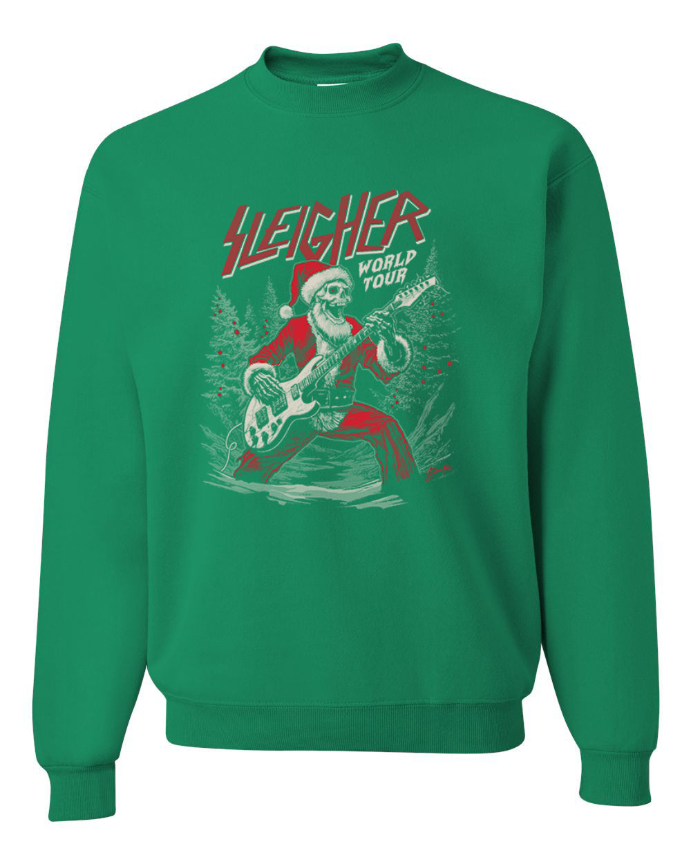 Sleigher World Tour | Funny Heavy Metal Electric Rock Guitar Skull Santa Claus Xmas North Pole Ugly Christmas Unisex Crewneck Sweatshirt