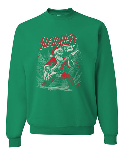 Sleigher World Tour | Funny Heavy Metal Electric Rock Guitar Skull Santa Claus Xmas North Pole Ugly Christmas Unisex Crewneck Sweatshirt