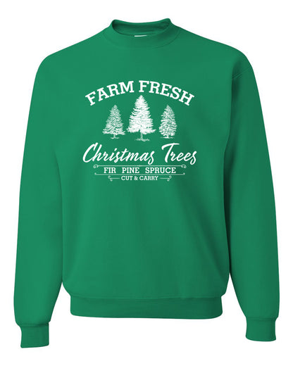 Farm Fresh Christmas Trees Classic White Design | Fir Pine Sprice, Cut and Carry, Classic Vintage Winter Holiday Tree Logo Ugly Christmas Unisex Crewneck Sweatshirt