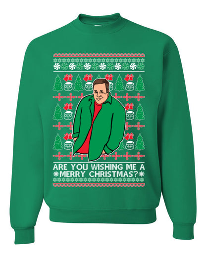 Are You Wishing Me a Merry Christmas? Funny Kevin Viral Shrug Shrugging Actor Meme Ugly Christmas Unisex Crewneck Sweatshirt