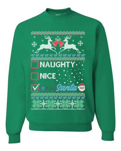 Naughty Nice OnlySanta, Funny Reindeer Santa Claus Viral Website App Meme, Ugly Christmas Sweater Ugly Christmas Unisex Crewneck Sweatshirt
