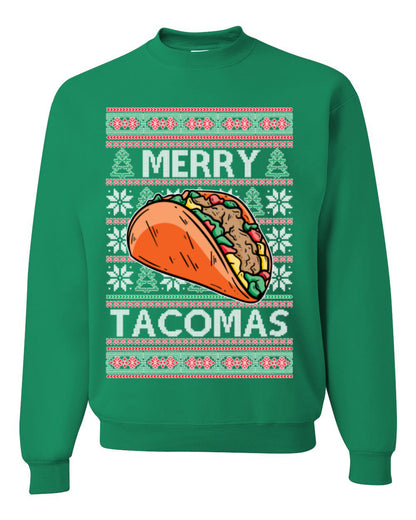 Merry Tacomas, Funny Xmas Al Pastor Barbacoa Chicken Pork Beef Carnitas Pollo Taco Guac, Spanish Mexican Food Ugly Christmas Sweater Ugly Christmas Unisex Crewneck Sweatshirt