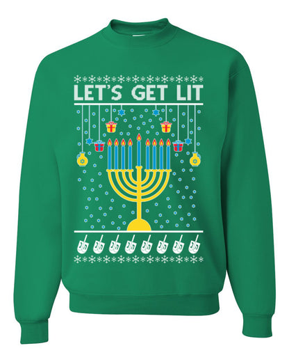 Let's Get Lit, Funny Chanukah Menorah Winter Jewish Holidays, Hanukkah Ugly Christmas Sweater Ugly Christmas Unisex Crewneck Sweatshirt