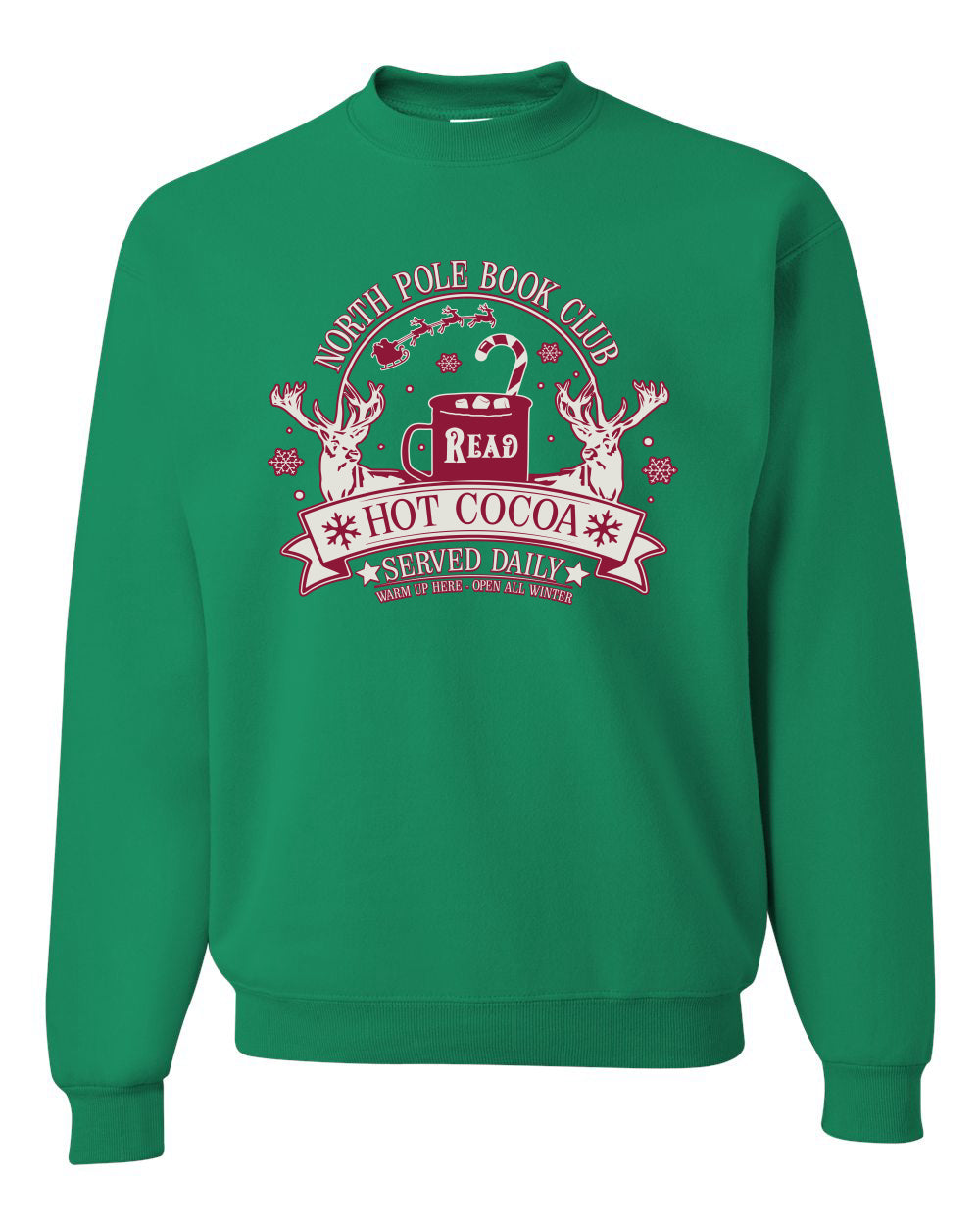 North Pole Book Club | Hot Cocoa Served Daily, Cute Funny Read Books Reading Snow Reindeer Winter Hot Chocolate Ugly Christmas Unisex Crewneck Sweatshirt