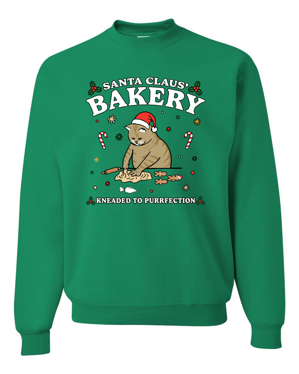 Santa Claus Bakery | Bread Kneaded to Purrfection, Funny Cute Cat Chef Baker Joke Ugly Christmas Unisex Crewneck Sweatshirt
