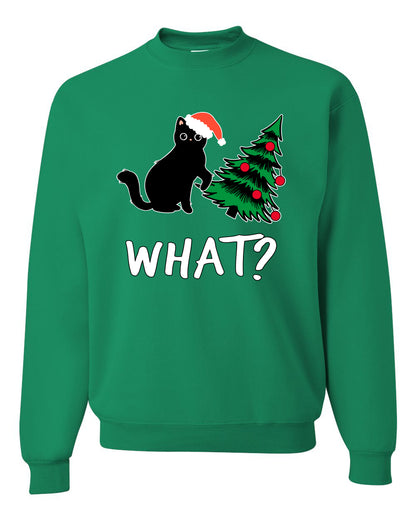 What? Funny Guilty Santa Cat Christmas Tree Mischief Pet Humor Ugly Christmas Unisex Crewneck Sweatshirt