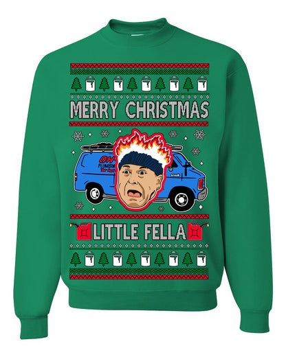 Merry Christmas Little Fella, Classic Funny 90s Harry Kevin Fire Plumbing Van Bandits, Movie Quote Ugly Christmas Sweater Ugly Christmas Unisex Crewneck Sweatshirt