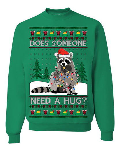 Does Someone Need a Hug? Funny Cute Santa Trash Panda Raccoon, Viral Meme Xmas Lights  Ugly Christmas Unisex Crewneck Sweatshirt