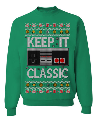 Keep It Classic 80s Video Game Controller, Retro Vintage Games  | Funny Ugly Christmas Sweater Crewneck Sweatshirt Ugly Christmas Unisex Crewneck Sweatshirt