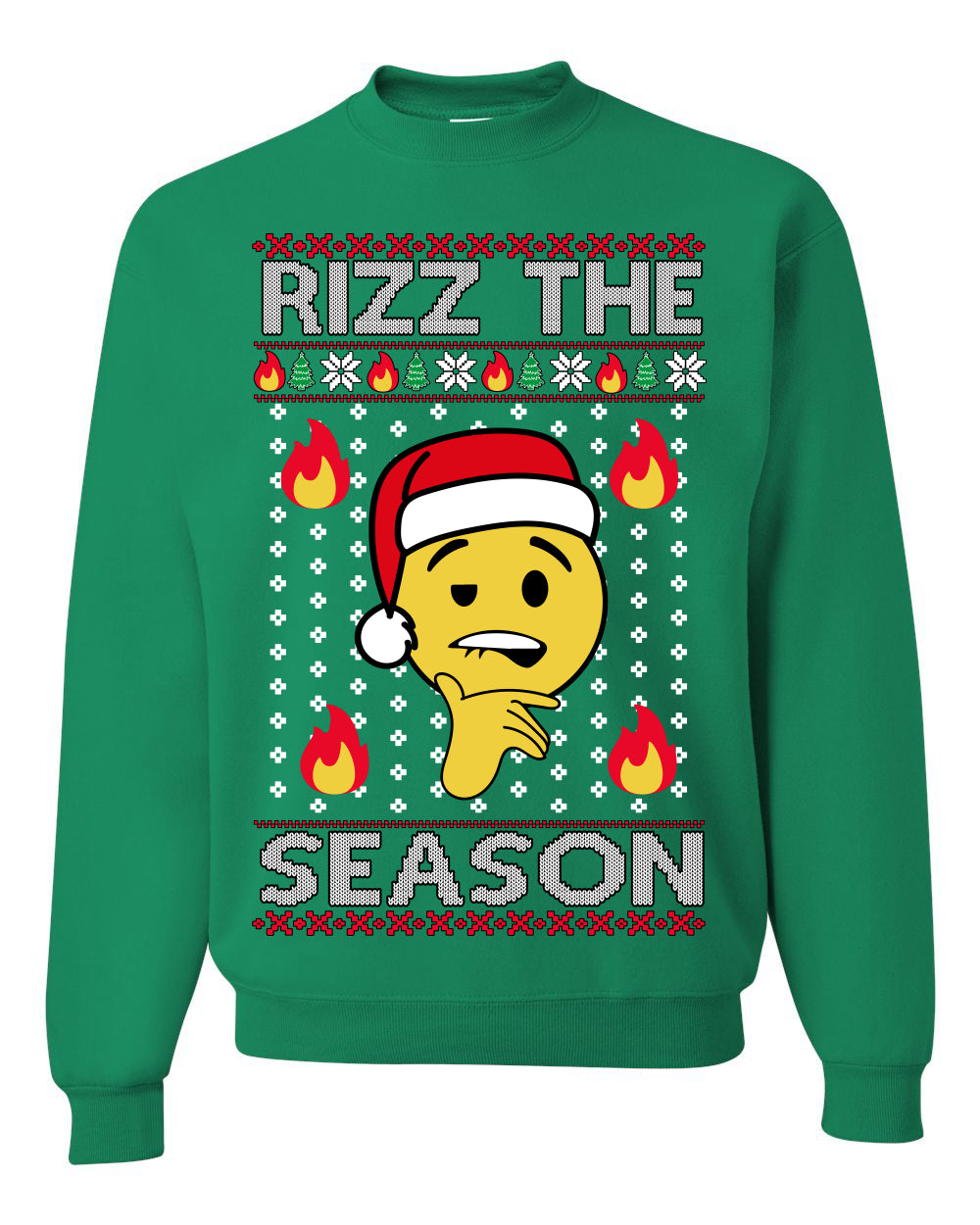 Rizz the Season, Viral Internet Fire Emoji Face Meme Romance Slang, Ugly Christmas Sweater Ugly Christmas Unisex Crewneck Sweatshirt