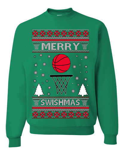 Merry Swishmas Basketball Sports Fan, Teen Sport Player Boys Girls Adult | Ugly Christmas Sweater Crewneck Sweatshirt Ugly Christmas Unisex Crewneck Sweatshirt