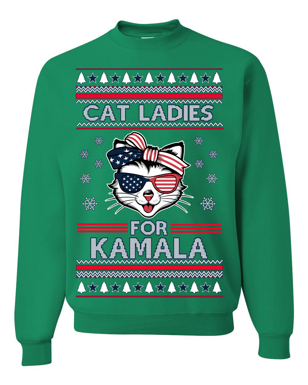 Cat Ladies for Kamala USA Glasses, Harris Tim Walz 2024 Cute USA Glasses Bow, Ugly Christmas Sweater Crewneck Sweatshirt Ugly Christmas Unisex Crewneck Sweatshirt