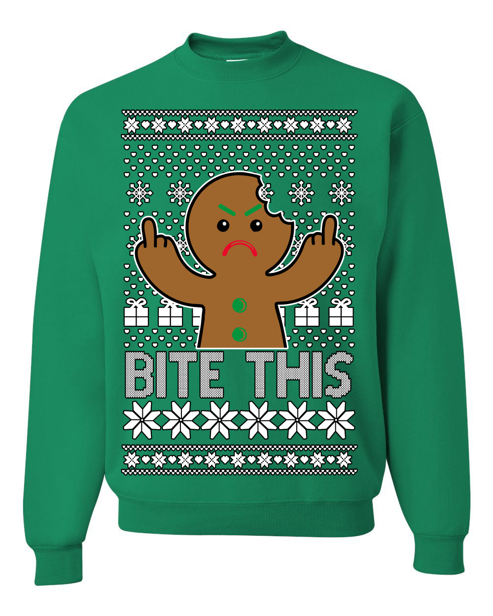 Bite This, Funny Gingerbread Cookie Offensive Inappropriate Middle Finger, F U Ginger Bread Dirty Novelty Xmas Ugly Christmas Sweater Ugly Christmas Unisex Crewneck Sweatshirt