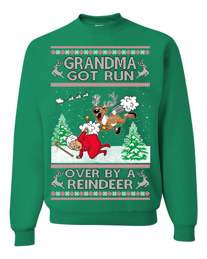 Grandma Got Run Over by a Reindeer, Funny Animated Design Rein Deer Kids TV Song Movie, Ugly Christmas Sweater Ugly Christmas Unisex Crewneck Sweatshirt