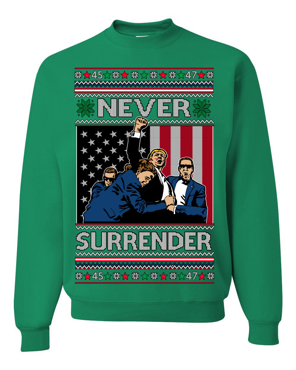 Never Surrender, Pro Donald Trump Fight Fight Fight Fist Pump 2024 Butler PA Rally Shot, Ugly Christmas Sweater Ugly Christmas Unisex Crewneck Sweatshirt
