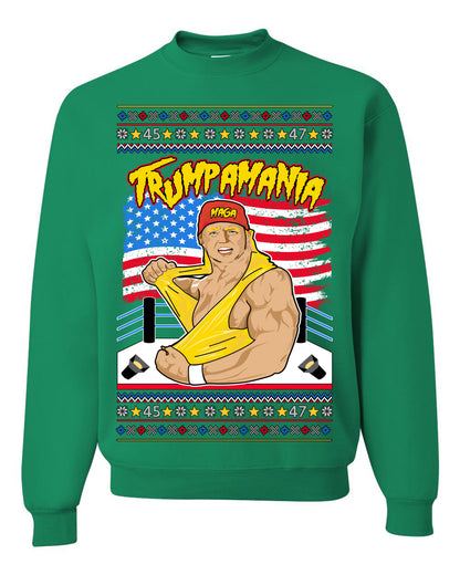 Trumpamania Funny Hogan 80s USA Wrestling Sports Parody, Donald Trump Vance 2024 Wrestler MAGA Make America Great Again, Ugly Christmas Sweater Ugly Christmas Unisex Crewneck Sweatshirt