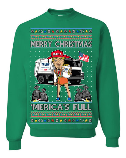 Donald Trump Merry Christmas Merica's Full, Cousin Eddie Christmas Vacation Garbage for Trump Funny Viral Meme, Ugly Christmas Sweater Ugly Christmas Unisex Crewneck Sweatshirt