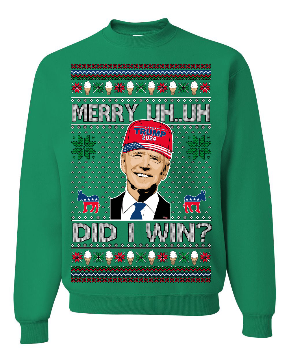 Merry Uh Did I Win? Funny Confused Joe Biden, Liberal Democrats Election 2024 Ugly Christmas Sweater Ugly Christmas Unisex Crewneck Sweatshirt