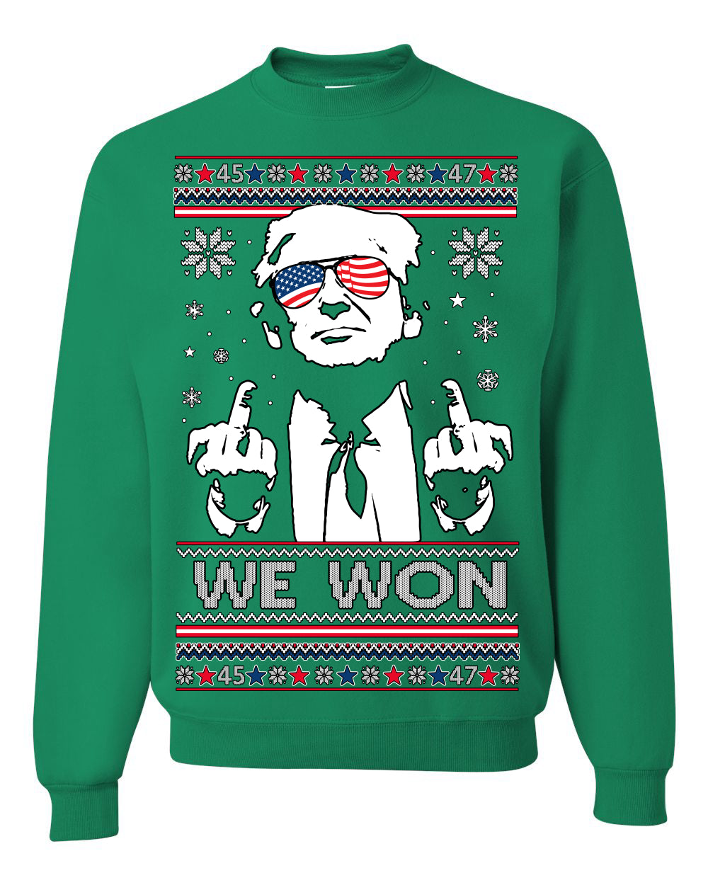 We Won Funny 45 47 President Trump Shot USA Glasses, 47th USA President of the United States, Gift for Republicans Conservatives Ugly Christmas Sweater Ugly Christmas Unisex Crewneck Sweatshirt