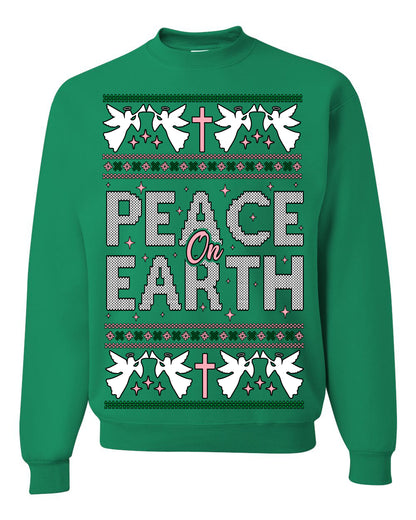 Peace On Earth Funny Xmas Cute Pink Angel Cross, Women Men Religious Christian Catholic Ugly Christmas Sweater Ugly Christmas Unisex Crewneck Sweatshirt