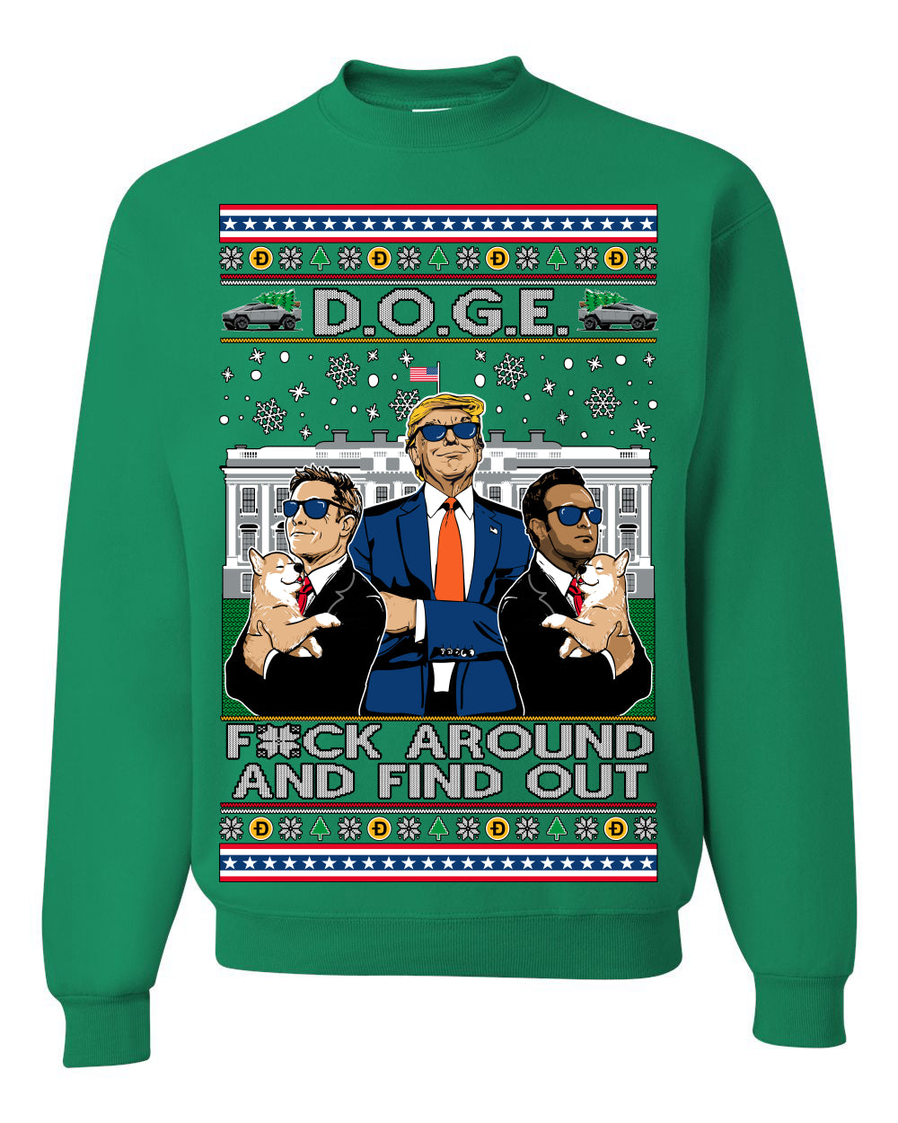 Doge F Around and Find Out Donald Trump Elon Vivek, Department of Govenmental Efficiency D.O.G.E. Republicans MAGA Ugly Christmas Sweater Ugly Christmas Unisex Crewneck Sweatshirt