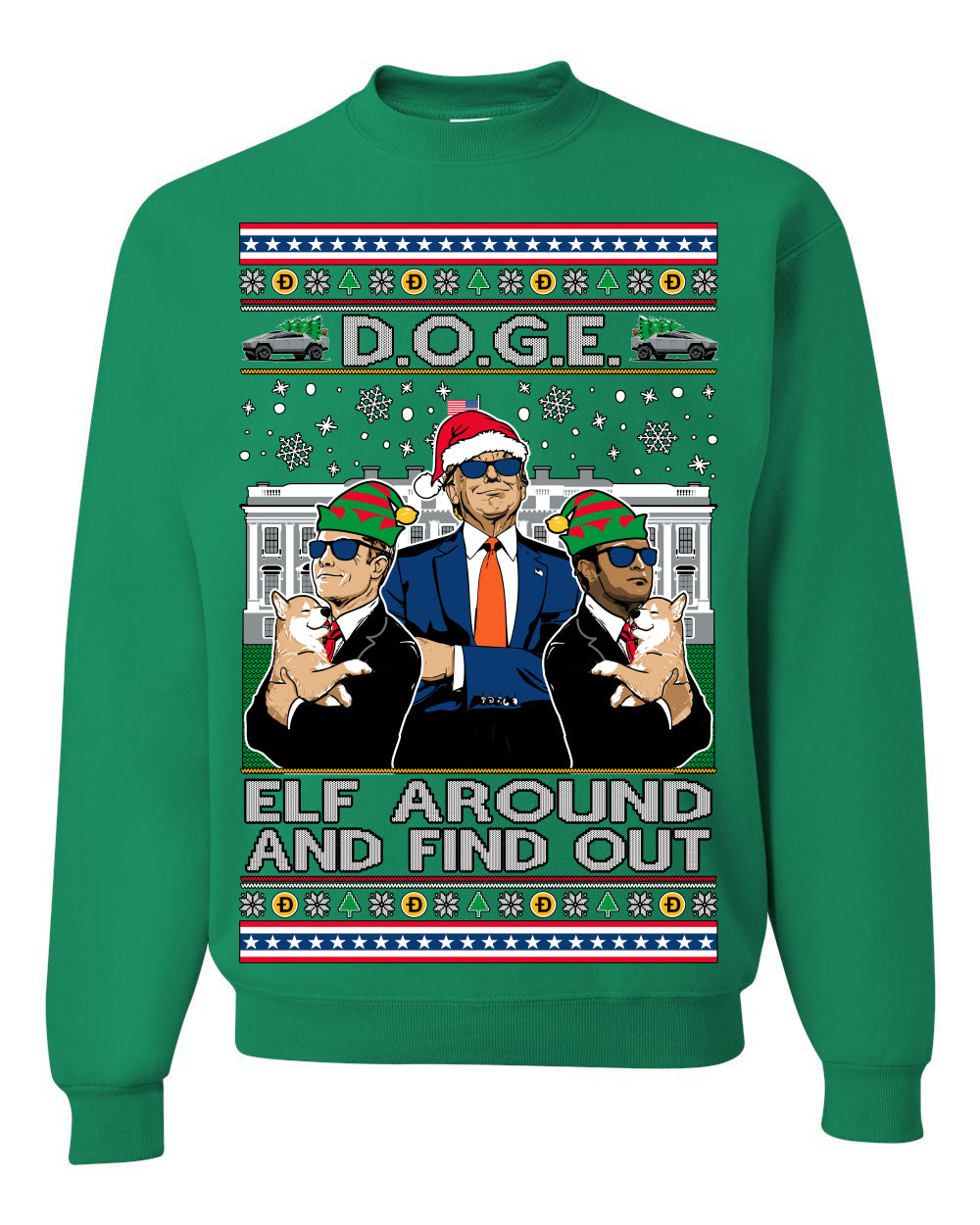 Doge Elf Around and Find Out Trump Elon Vivek, Department of Govenmental Efficiency D.O.G.E. Republicans MAGA Ugly Christmas Sweater Ugly Christmas Unisex Crewneck Sweatshirt