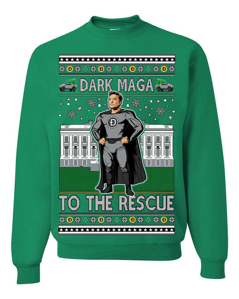Dark MAGA to the Rescue, Elon Superhero Doge Crypto Dogecoin Make America Great Again Trump 2024 Ugly Christmas Sweater Ugly Christmas Unisex Crewneck Sweatshirt