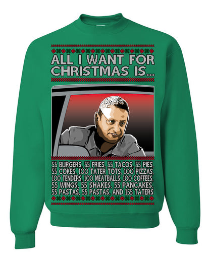 All I Want for Christmas Is 55 Burgers 55 Fries 55 Tacos 55 Pies, Funny Viral I Think Tim TV Show Gen Z Alpha Brainrot Meme Ugly Christmas Sweater Ugly Christmas Unisex Crewneck Sweatshirt