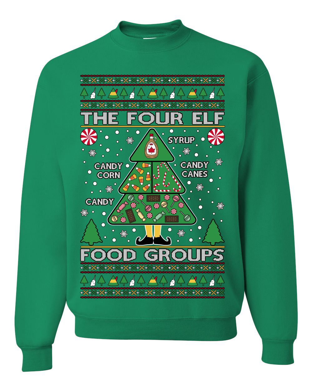 The Four Elf Food Groups, Peppermint Chocolate Candy Canes Syrup, Funny Ugly Christmas Sweater Ugly Christmas Unisex Crewneck Sweatshirt