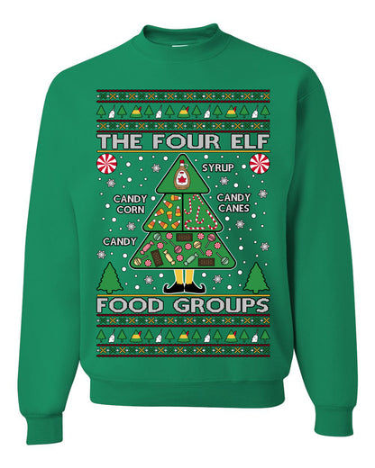 The Four Elf Food Groups, Peppermint Chocolate Candy Canes Syrup, Funny Ugly Christmas Sweater Ugly Christmas Unisex Crewneck Sweatshirt