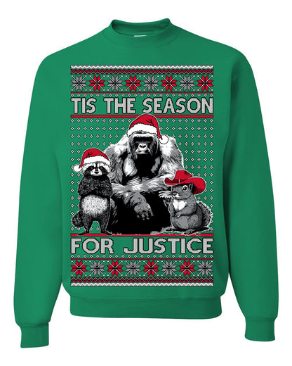 Tis the Season For Justice, RIP Harambe Peanut the Squirrel Fred Raccoon Viral Save our Pets Meme, Ugly Christmas Sweater Ugly Christmas Unisex Crewneck Sweatshirt