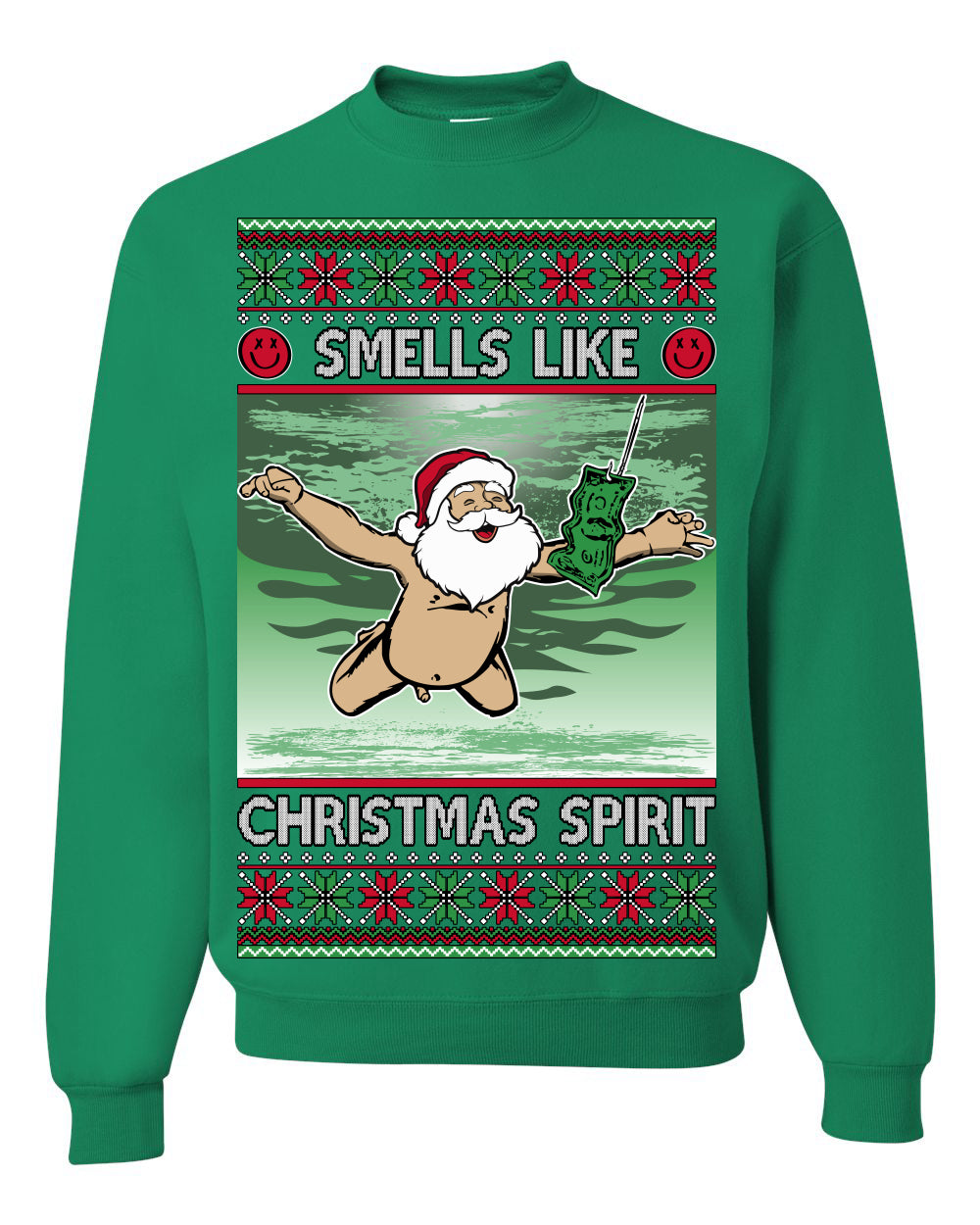 Smells Like Christmas Spirit, Funny Santa Claus Classic 90s Alternative Rock Album Cover Music Parody Ugly Christmas Sweater Ugly Christmas Unisex Crewneck Sweatshirt