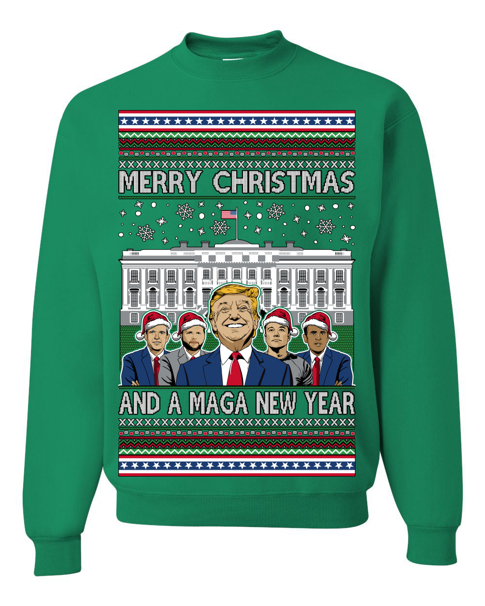 Merry Christmas and a MAGA New Year 2025, Trump Vance Administration 45 47 Make America Great Again USA Ugly Christmas Sweater Ugly Christmas Unisex Crewneck Sweatshirt