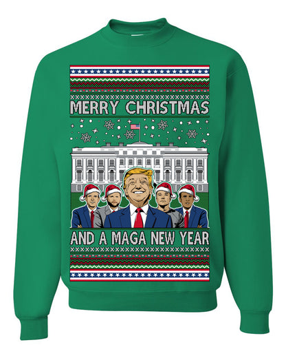 Merry Christmas and a MAGA New Year 2025, Trump Vance Administration 45 47 Make America Great Again USA Ugly Christmas Sweater Ugly Christmas Unisex Crewneck Sweatshirt