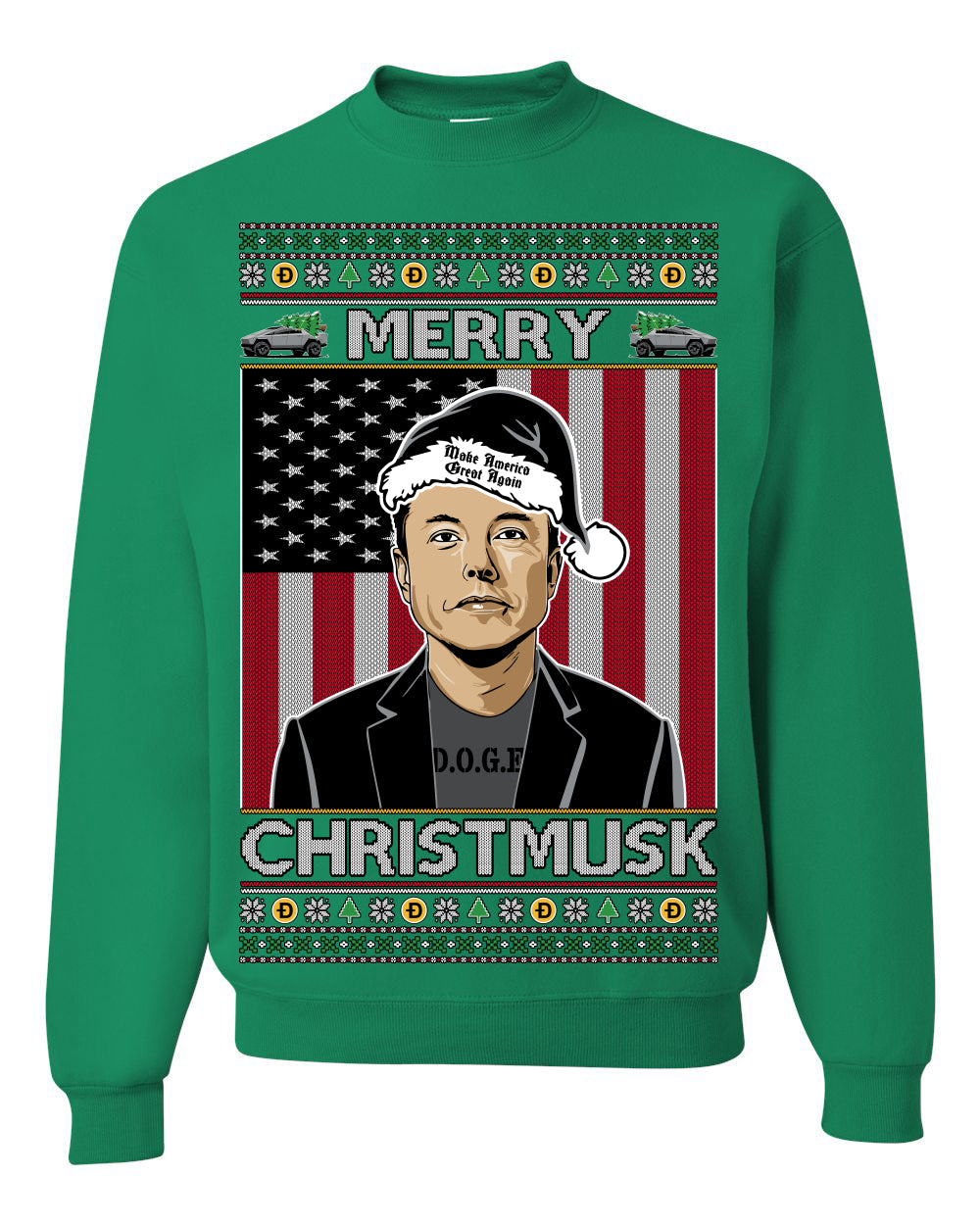 Merry Christmusk Funny Dark MAGA Santa Elon Doge Meme, Crypto Dogecoin America First USA Republican Ugly Christmas Sweater Ugly Christmas Unisex Crewneck Sweatshirt
