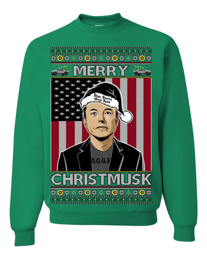 Merry Christmusk Funny Dark MAGA Santa Elon Doge Meme, Crypto Dogecoin America First USA Republican Ugly Christmas Sweater Ugly Christmas Unisex Crewneck Sweatshirt