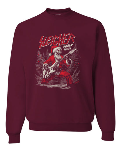 Sleigher World Tour | Funny Heavy Metal Electric Rock Guitar Skull Santa Claus Xmas North Pole Ugly Christmas Unisex Crewneck Sweatshirt