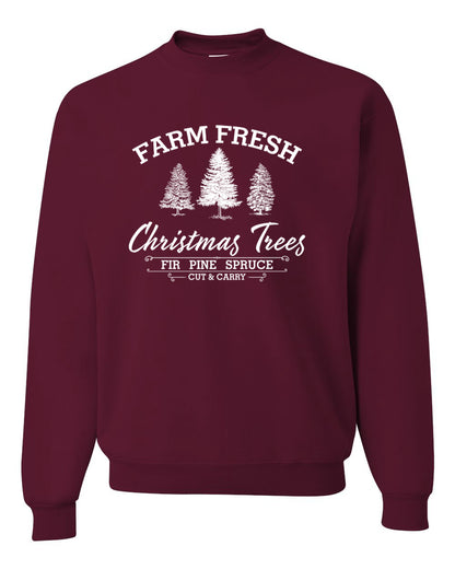 Farm Fresh Christmas Trees Classic White Design | Fir Pine Sprice, Cut and Carry, Classic Vintage Winter Holiday Tree Logo Ugly Christmas Unisex Crewneck Sweatshirt